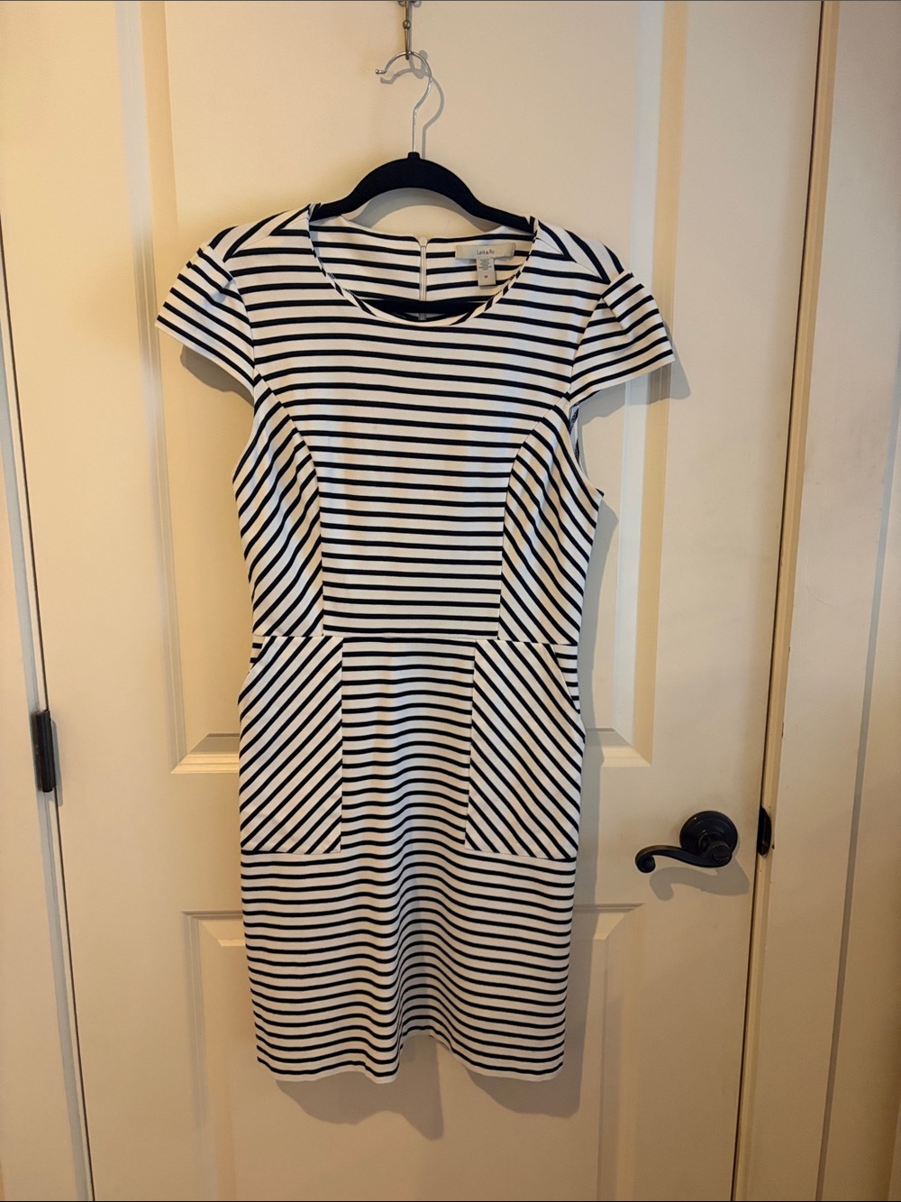 Lark & Ro Black and White Striped Cap Sleeve Sheath Dress